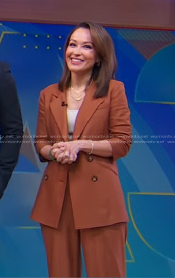 Eva’s brown double breasted blazer and pants on Good Morning America