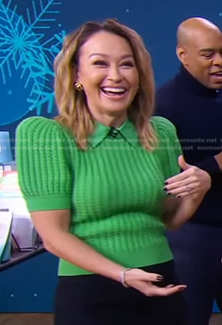 Eva’s green cable knit puff sleeve sweater on Good Morning America