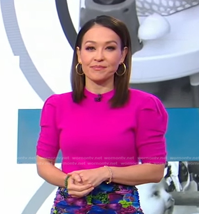 Eva’s pink puff sleeve sweater and print skirt on Good Morning America