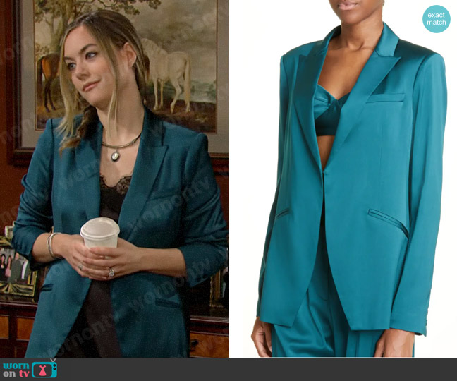 Favorite Daughter Satin Blazer in Emerald worn by Hope Logan (Annika Noelle) on The Bold and the Beautiful