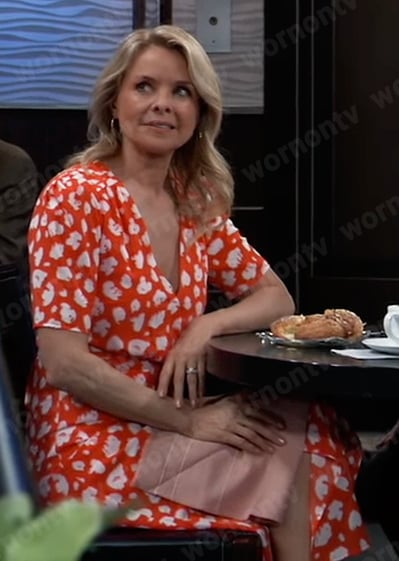 Felicia’s orange and white dot print midi dress on General Hospital