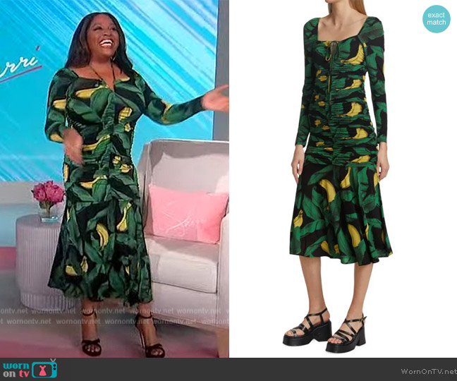 Ganni Leaf-print Ruched Midi Dress worn by Sherri Shepherd on Sherri