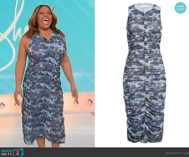 Ganni Floral Ruched Mesh Midi Dress worn by Sherri Shepherd on Sherri