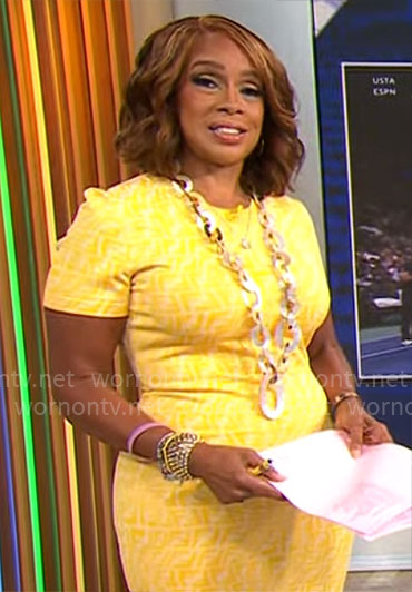 Gayle King’s yellow monogram print dress on CBS Mornings