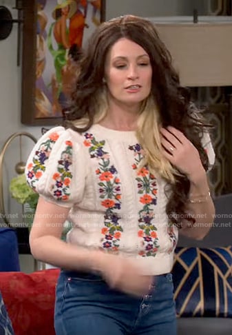 Gemma’s floral embroidered puff-sleeve sweater on The Neighborhood
