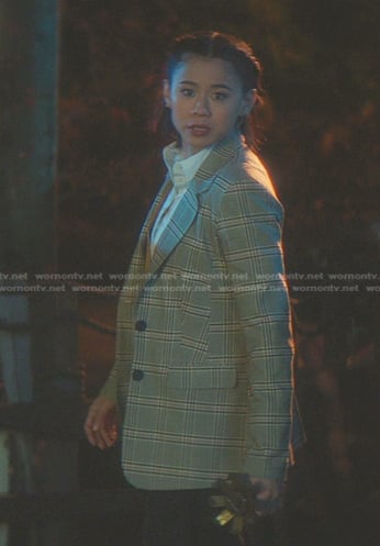 George’s grey plaid blazer on Nancy Drew