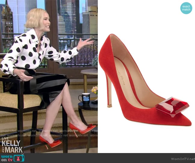 Gianvito Rossi Jaipur 105 embellished suede pumps worn by Leslie Bibb on Live with Kelly and Mark