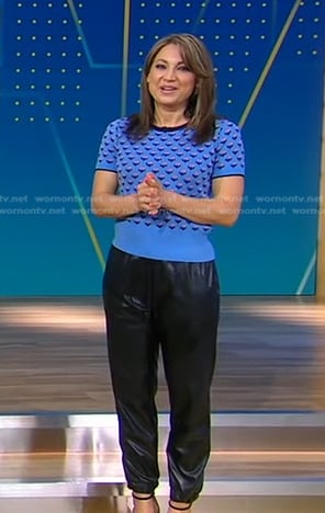 Ginger’s blue floral sweater and black leather pants on Good Morning America