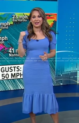 Ginger’s blue ribbed ruffle hem dress on Good Morning America