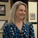 Gladys’s blue leaf print wrap dress on General Hospital