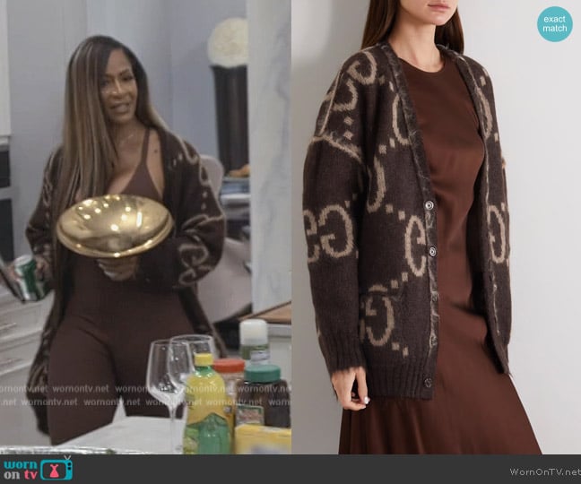 Gucci Oversized reversible jacquard-knit mohair-blend cardigan worn by Sheree Whitefield on The Real Housewives of Atlanta