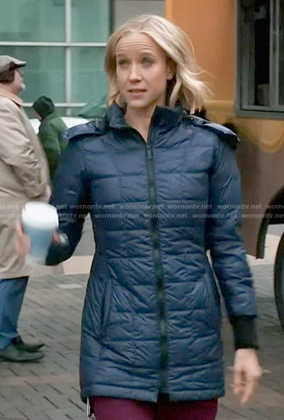 Hannah’s blue quilted jacket on Chicago Med