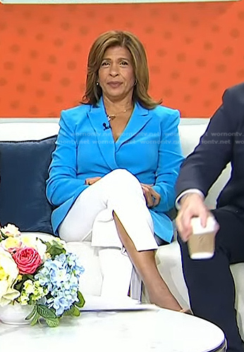 Hoda’s blue blazer and white slit pants on Today