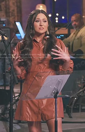 Holly Brand’s brown leather shirtdress on The Voice