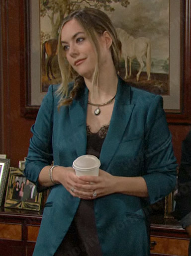 Hope’s teal satin blazer and lace trim slip dress on The Bold and the Beautiful