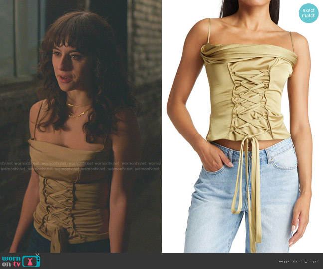 House of CB Lace-Up Satin Corset Top worn by Riley (Carina Conti) on Good Trouble