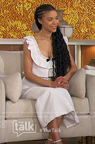 India Amarteifio’s white ruffle top and skirt on The Talk