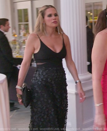 Jackie’s black floral applique dress on The Real Housewives of New Jersey