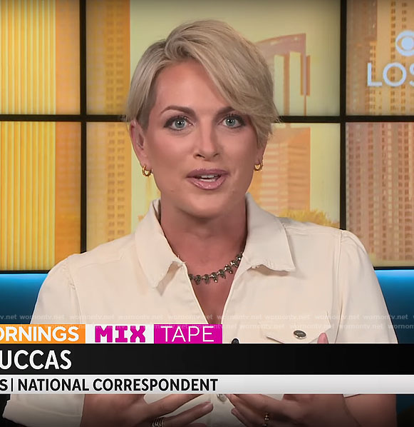 Jamie Yuccas’s ivory jumpsuit on CBS Mornings