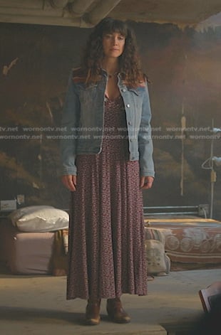 Jenna Perez’s denim jacket and purple floral dress on Good Trouble