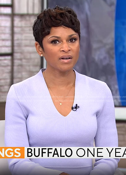 Jericka Duncan’s lavender v-neck dress on CBS Mornings