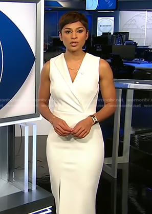 Jericka’s white sleeveless surplice dress on CBS Evening News
