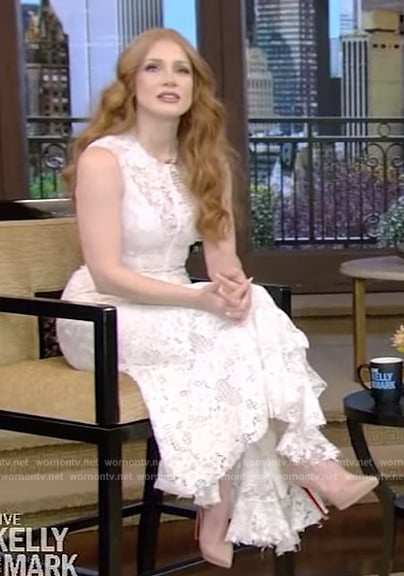 Jessica Chastain’s white lace sleeveless dress on Live with Kelly and Mark