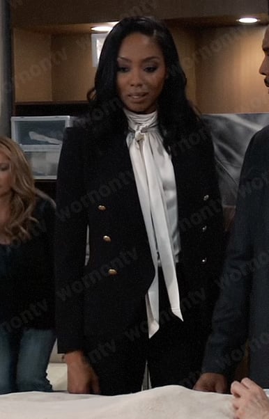 Jordan’s black blazer with gold buttons on General Hospital