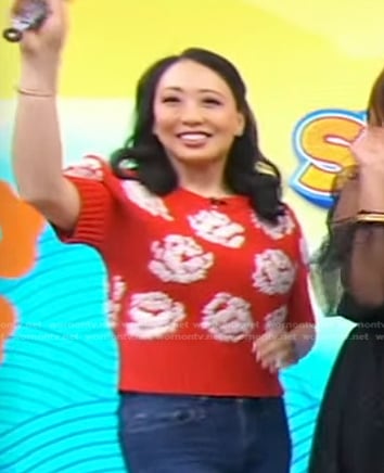 Judy Joo’s red floral embroidered sweater on Good Morning America