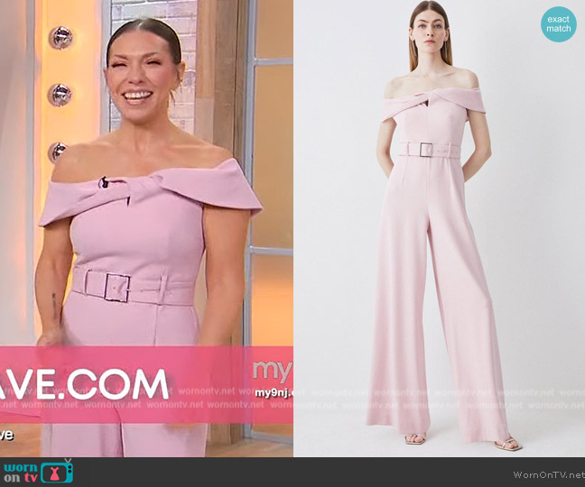 Karen Millen Structured Crepe Off The Shoulder Belted Wide Leg Jumpsuit worn by Melissa Garcia on Sherri