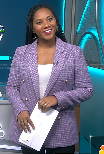 Kay Angrum’s purple plaid tweed blazer on NBC News Daily