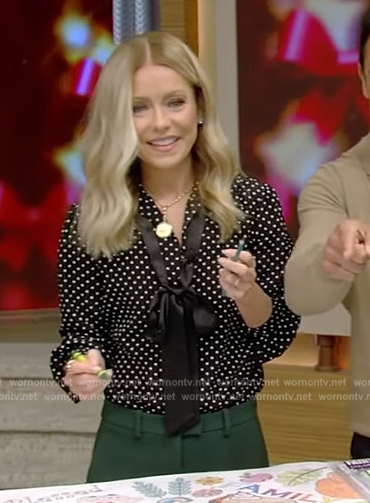 Kelly’s black polka dot print blouse on Live with Kelly and Mark