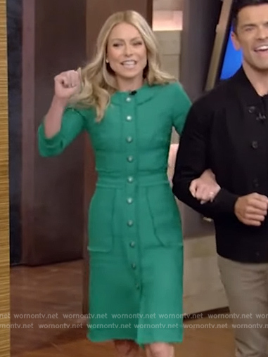 Kelly’s green tweed button down dress on Live with Kelly and Mark