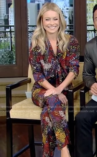 Kelly’s black floral print jumpsuit on Live with Kelly and Mark