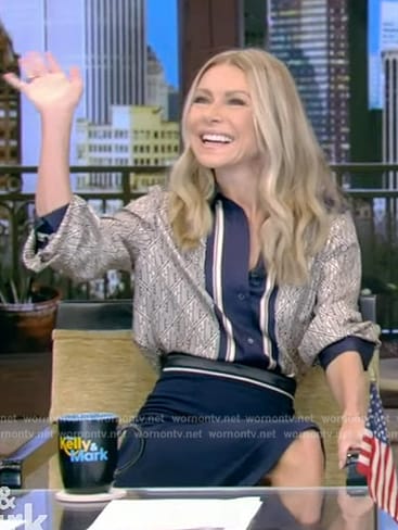 Kelly’s printed blouse and skirt on Live with Kelly and Mark