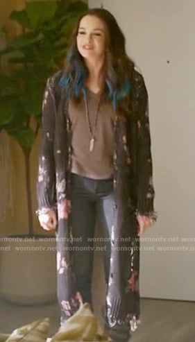 Khione’s long black floral cardigan on The Flash