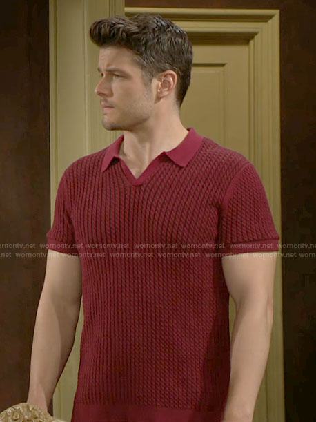 Kyle’s red cable knit polo sweater on The Young and the Restless