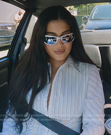 Kylie’s striped lace-up detail blouse on The Kardashians
