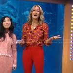 Lara’s red animal print shirt and slit pants on Good Morning America