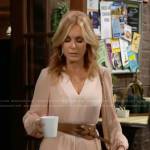 Lauren’s beige pleated v-neck dress on The Young and the Restless
