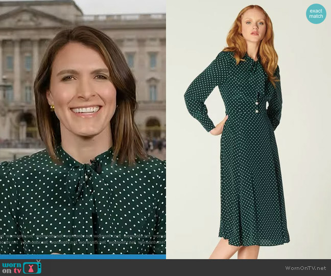 LK Bennett Mortimer Green & Cream Polka Dot Silk Dress worn by Molly Hunter on Today