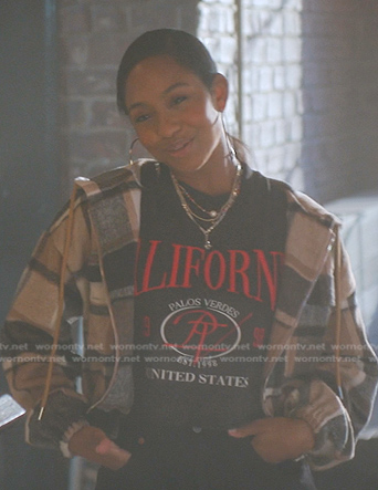 Mabel’s black embroidered tee on Good Trouble