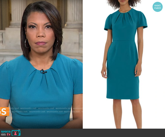 Maggy London Pleated Neck Short Sleeve Sheath Dress worn by Nikole Killion on CBS Mornings