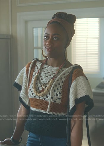 Malika’s crochet colorblock knit sweater on Good Trouble