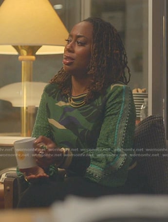 Malika’s green printed eyelet-sleeve sweater on Good Trouble