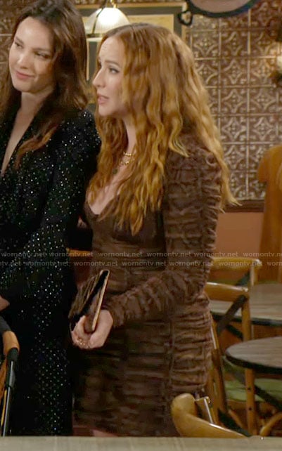 Mariah’s brown ruched snake print dress on The Young and the Restless