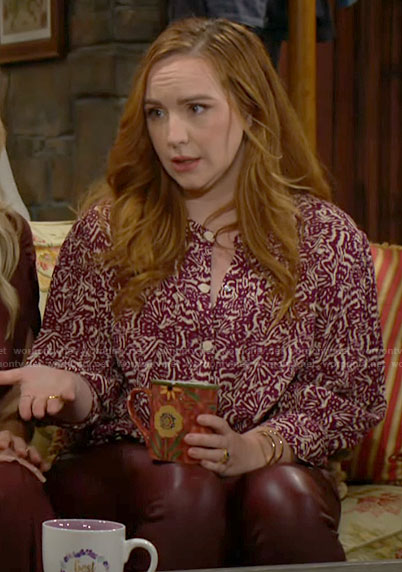 Mariah’s purple printed blouse on The Young and the Restless
