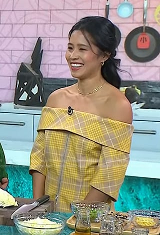 Marian Cheng’s yellow plaid off-shoulder top on Today
