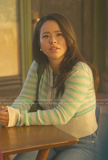 Mariana’s green and beige striped cardigan on Good Trouble