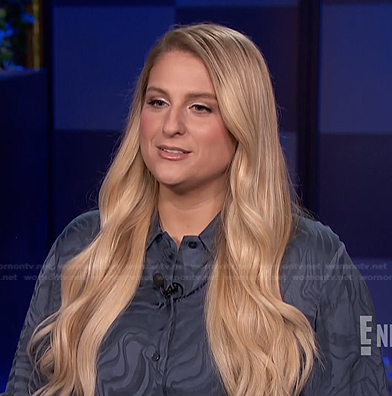 Meghan Trainor’s blue marble button down blouse on E! News